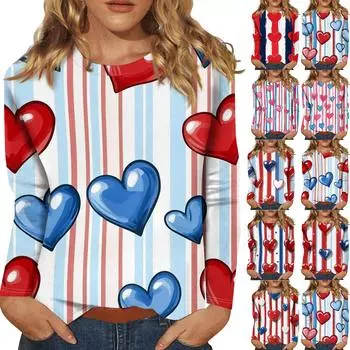 Женская повседневная мода сексуальный удобный День святого Валентина принтованный круглый вырез длинный рукав топ L бежевый