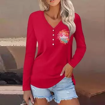 Женская повседневная мода сексуальный удобный пляжный стиль повседневный принт V-образный вырез пуговицы длинный рукав L