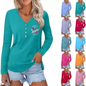 Женская повседневная мода сексуальный удобный пляжный стиль повседневный принт V-образный вырез пуговицы длинный рукав L циан
