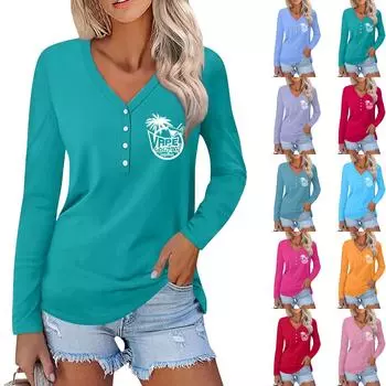 Женская повседневная мода сексуальный удобный пляжный стиль повседневный принт V-образный вырез пуговицы длинный рукав M циан