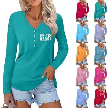 Женская повседневная мода сексуальный удобный пляжный стиль повседневный принт V-образный вырез пуговицы длинный рукав XL