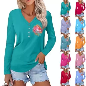 Женская повседневная мода сексуальный удобный пляжный стиль повседневный принт V-образный вырез пуговицы длинный рукав L циан
