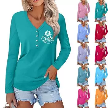 Женская повседневная мода сексуальный удобный пляжный стиль повседневный принт V-образный вырез пуговицы длинный рукав XXL