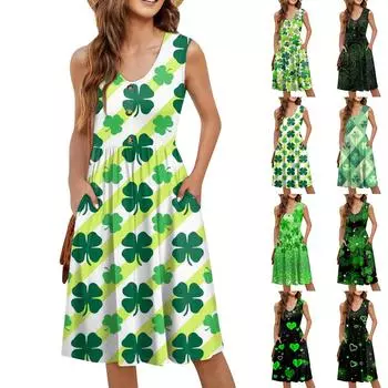Женская повседневная мода сексуальный V-образный вырез пуговицы украшения без рукавов St. Платье-туника на День Святого Патрика XXXL