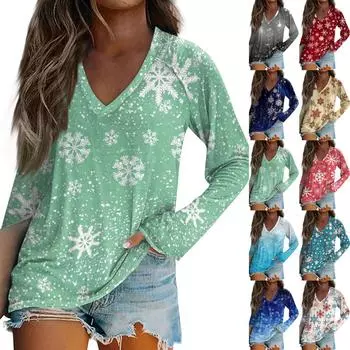 Женская повседневная мода снежинка напечатанный винтажный повседневный принт длинный рукав V-образный вырез пуловер топ блузка L бежевый