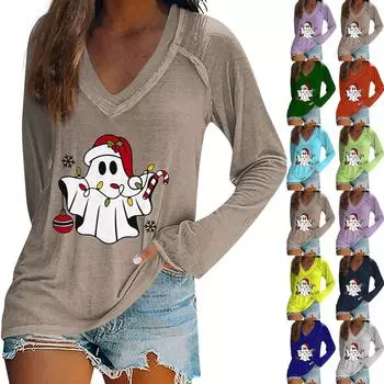 Женская повседневная мода снежинка напечатанный винтажный повседневный принт длинный рукав V-образный вырез пуловер топ блузка XXXL