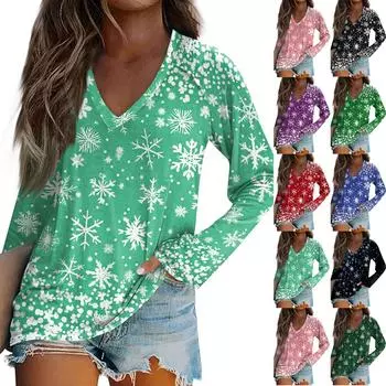 Женская повседневная мода снежинка напечатанный винтажный повседневный принт длинный рукав V-образный вырез пуловер топ блузка XL синий