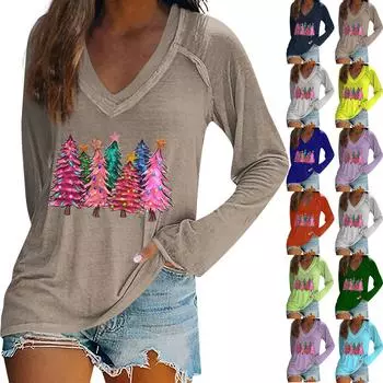 Женская повседневная мода снежинка напечатанный винтажный повседневный принт длинный рукав V-образный вырез пуловер топ блузка S