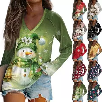 Женская повседневная мода снежинка напечатанный винтажный повседневный принт длинный рукав V-образный вырез пуловер топ блузка XXL зелёный