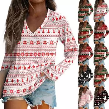 Женская повседневная мода снежинка напечатанный винтажный повседневный принт длинный рукав V-образный вырез пуловер топ блузка XXL