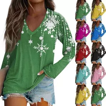 Женская повседневная мода снежинка напечатанный винтажный повседневный принт длинный рукав V-образный вырез пуловер топ блузка M чёрный