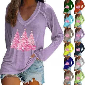 Женская повседневная мода снежинка напечатанный винтажный повседневный принт длинный рукав V-образный вырез пуловер топ блузка XXL синий