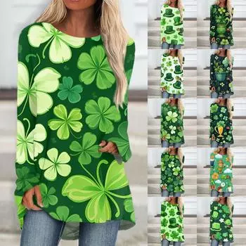 Женская повседневная мода St. Блузка средней длины с длинными рукавами и принтом «День Святого Патрика» L армия зеленый