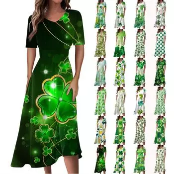 Женская повседневная мода St. Длинное свободное платье с принтом ко Дню Святого Патрика, V-образным вырезом, короткими рукавами и талией L