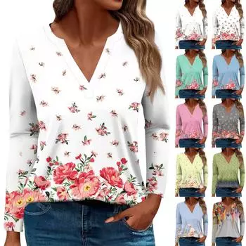 Женская повседневная мода, удобная футболка с цветочным принтом и V-образным вырезом, длинным рукавом, топы L синий