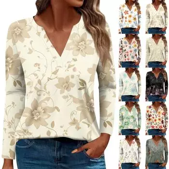 Женская повседневная мода, удобная футболка с цветочным принтом и V-образным вырезом, длинным рукавом, топы S жёлтый