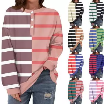 Женская повседневная мода удобная полосатая футболка с длинным рукавом и круглым вырезом на пуговицах, свободный подол с боковыми разрезами L чёрный