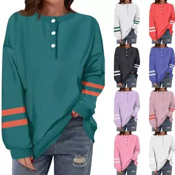 Женская повседневная мода удобная полосатая футболка с длинным рукавом и круглым вырезом на пуговицах, свободный подол с боковыми разрезами L армия зеленый