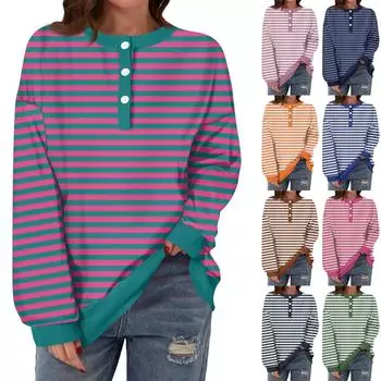 Женская повседневная мода удобная полосатая футболка с длинным рукавом и круглым вырезом на пуговицах, свободный подол с боковыми разрезами XXL