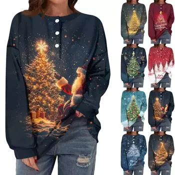 Женская повседневная мода, удобная рождественская футболка с длинным рукавом, круглым вырезом, пуговицами, свободным подолом и боковыми разрезами XL