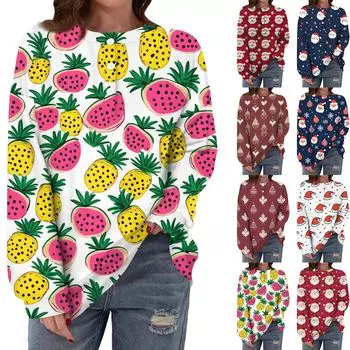 Женская повседневная мода, удобная рождественская футболка с длинным рукавом, круглым вырезом, пуговицами, свободным подолом и боковыми разрезами XXL