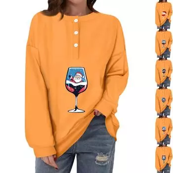 Женская повседневная мода, удобная рождественская футболка с длинным рукавом, круглым вырезом, пуговицами, свободным подолом и боковыми разрезами M красный