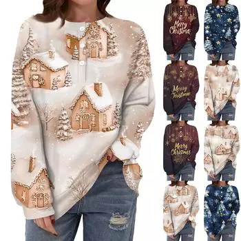 Женская повседневная мода, удобная рождественская футболка с длинным рукавом, круглым вырезом, пуговицами, свободным подолом и боковыми разрезами XXL киноварь