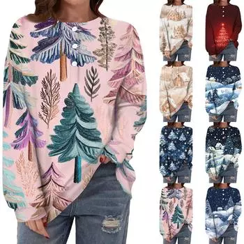 Женская повседневная мода, удобная рождественская футболка с длинным рукавом, круглым вырезом, пуговицами, свободным подолом и боковыми разрезами XL розовый