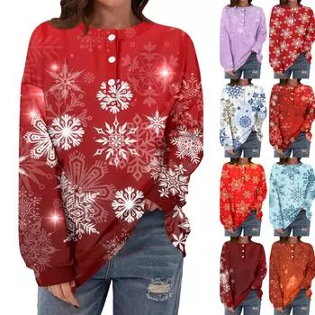 Женская повседневная мода, удобная рождественская футболка с длинным рукавом, круглым вырезом, пуговицами, свободным подолом и боковыми разрезами XXL фиолетовый