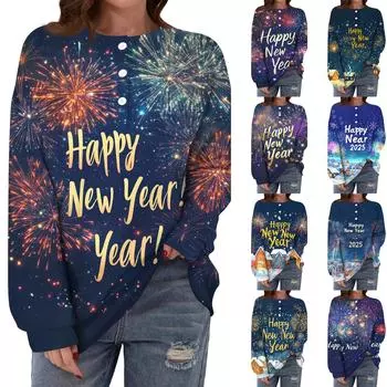 Женская повседневная мода удобная рождественская футболка с длинным рукавом и круглым вырезом на пуговицах, свободный подол с боковыми разрезами M синий