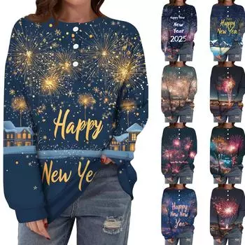 Женская повседневная мода удобная рождественская футболка с длинным рукавом и круглым вырезом на пуговицах, свободный подол с боковыми разрезами L чёрный