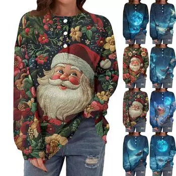 Женская повседневная мода, удобная рождественская футболка с длинным рукавом, круглым вырезом, пуговицами, свободным подолом и боковыми разрезами M синий