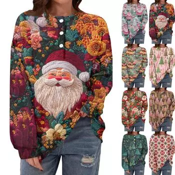 Женская повседневная мода, удобная рождественская футболка с длинным рукавом, круглым вырезом, пуговицами, свободным подолом и боковыми разрезами S