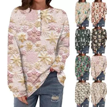 Женская повседневная мода, удобная рождественская футболка с длинным рукавом, круглым вырезом, пуговицами, свободным подолом и боковыми разрезами S