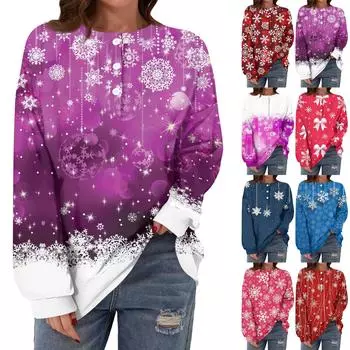 Женская повседневная мода, удобная рождественская футболка с длинным рукавом, круглым вырезом, пуговицами, свободным подолом и боковыми разрезами XXL винный