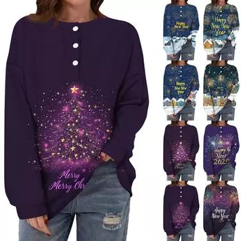Женская повседневная мода, удобная рождественская футболка с длинным рукавом, круглым вырезом, пуговицами, свободным подолом и боковыми разрезами L