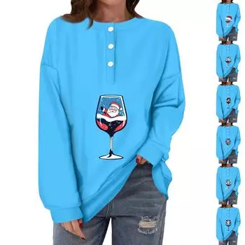 Женская повседневная мода, удобная рождественская футболка с длинным рукавом, круглым вырезом, пуговицами, свободным подолом и боковыми разрезами L