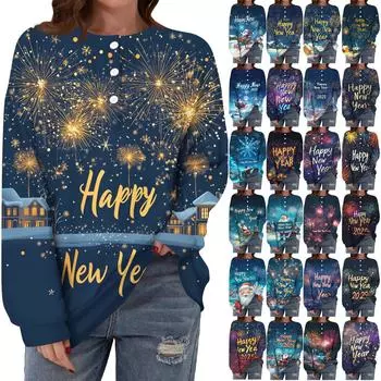 Женская повседневная мода удобная рождественская футболка с длинным рукавом и круглым вырезом на пуговицах, свободный подол с боковыми разрезами L синий