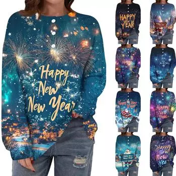 Женская повседневная мода удобная рождественская футболка с длинным рукавом и круглым вырезом на пуговицах, свободный подол с боковыми разрезами M чёрный