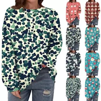 Женская повседневная мода, удобная рождественская футболка с длинным рукавом, круглым вырезом, пуговицами, свободным подолом и боковыми разрезами M фиолетовый