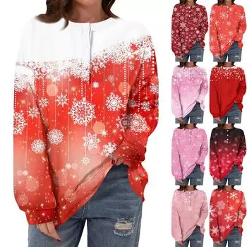 Женская повседневная мода, удобная рождественская футболка с длинным рукавом, круглым вырезом, пуговицами, свободным подолом и боковыми разрезами S красный