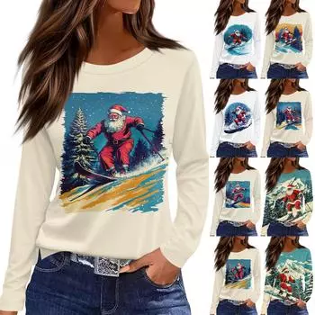 Женская повседневная мода, удобная, с длинным рукавом, с рождественским принтом, свободная футболка, топы L фиолетовый