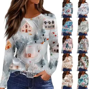 Женская повседневная мода, удобная, с длинным рукавом, с рождественским принтом, свободная футболка, топы L синий
