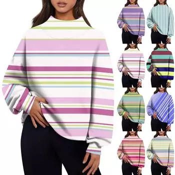 Женская повседневная мода, удобная свободная водолазка с разноцветным принтом, длинный рукав, свитер, топы S синий