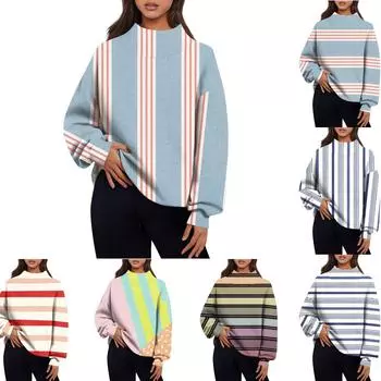 Женская повседневная мода, удобная свободная водолазка с разноцветным принтом, длинный рукав, свитер, топы XL