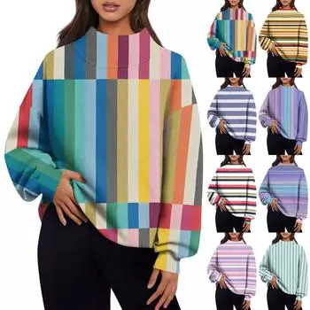 Женская повседневная мода, удобная свободная водолазка с разноцветным принтом, длинный рукав, свитер, топы XL
