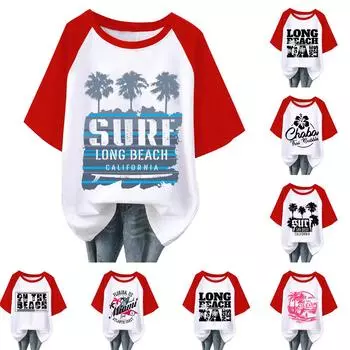 Женская повседневная мода, удобная, темпераментная, пляжная, с принтом «Океан», рукав реглан, футболка, топ L