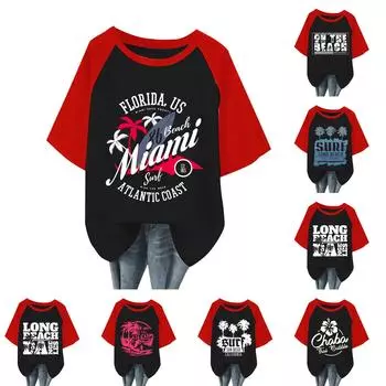 Женская повседневная мода, удобная, темпераментная, пляжная, с принтом «Океан», рукав реглан, футболка, топ L