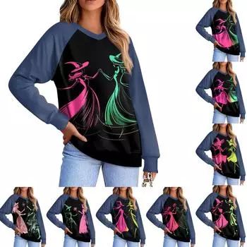 Женская повседневная мода, удобная толстовка с рукавом реглан и V-образным вырезом с принтом ведьмы L чёрный