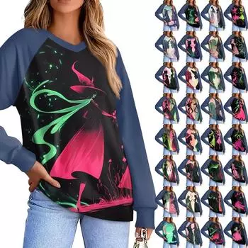 Женская повседневная мода, удобная толстовка с рукавом реглан и V-образным вырезом с принтом ведьмы L чёрный